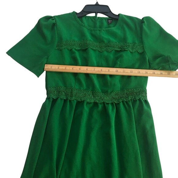 Women's Puff Sleeve Midi Dress Green Lace Insert Ruffle Hem Sz Medium 6 - Picture 12 of 16